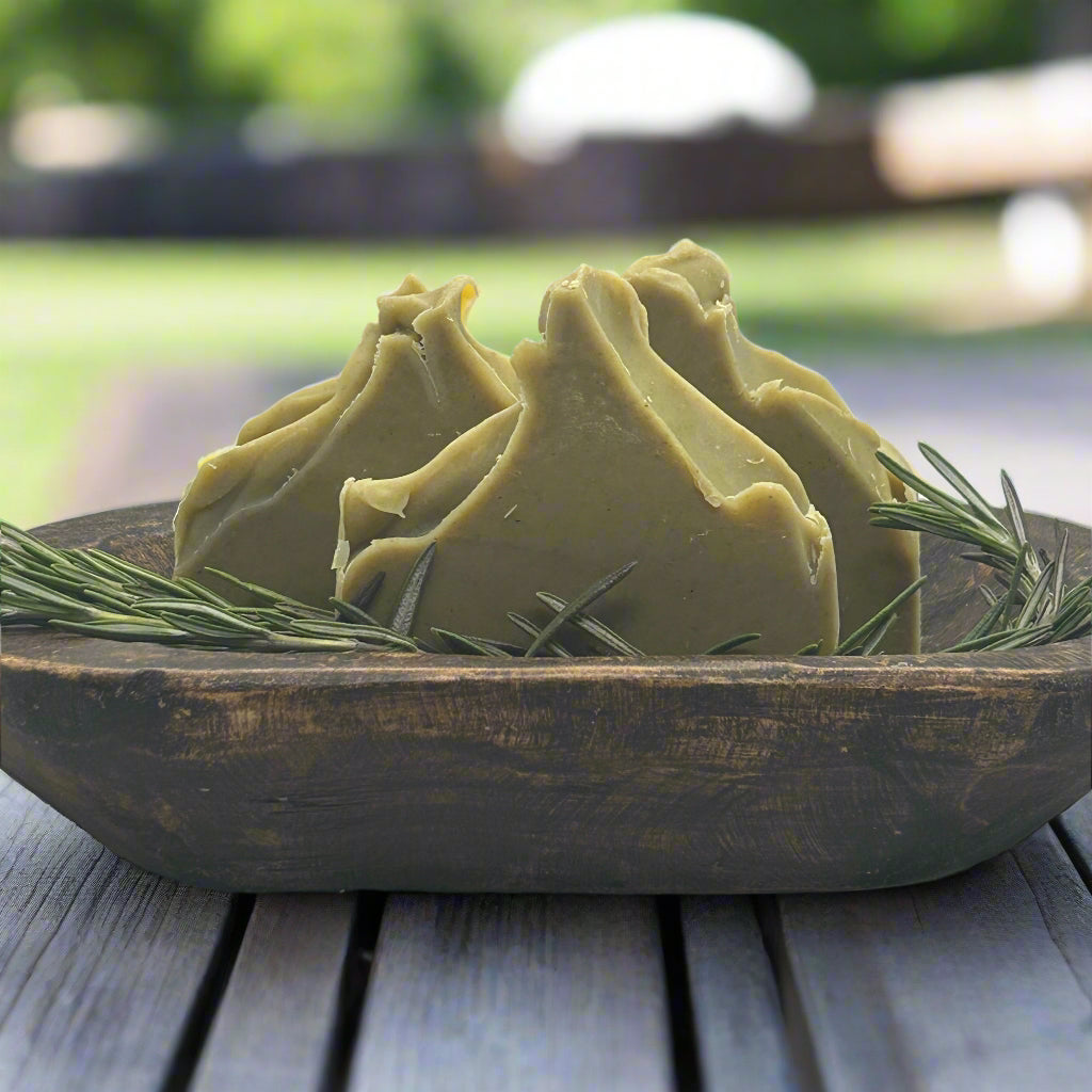 Rosemary & Moringa Spa Soap in a wooden bowl