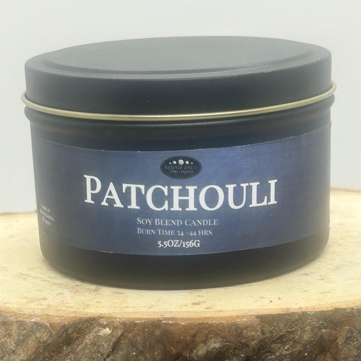 Patchouli Soy Blend Candle in a black tin