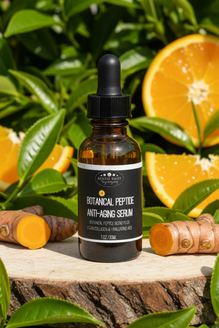 An amber glass dropper bottle of 'Botanical Peptide Anti-Aging Serum' by 'Mossy Point', resting on a rustic wood slice against a neutral gray background.