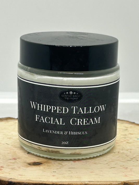 Jar of whipped tallow facial cream with Lavender essential oil and Hibiscus extract