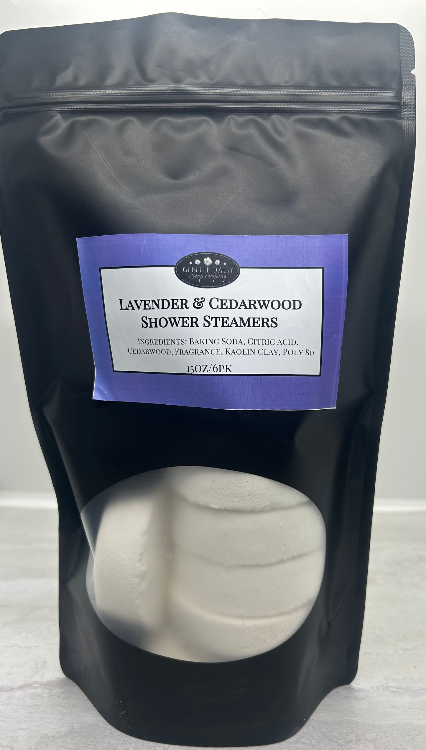 Lavender & Cedar wood Shower steamers in a black bag