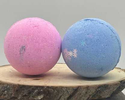 Frosted pink bath bomb Frosted Blue Bath bomb with snowflake glitter