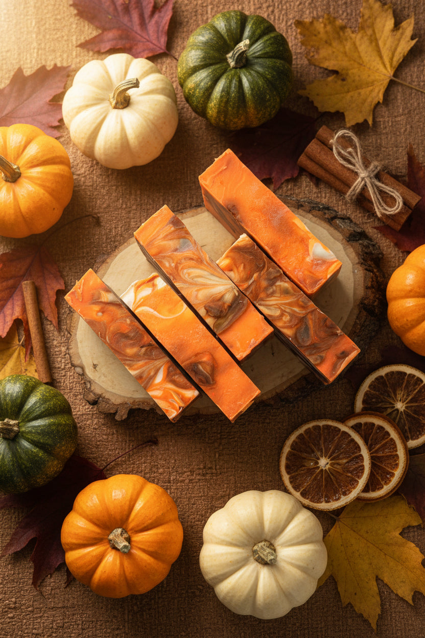 Four rectangular bars of orange marbled soap arranged on a round wood slice coaster against a light gray textured background.
